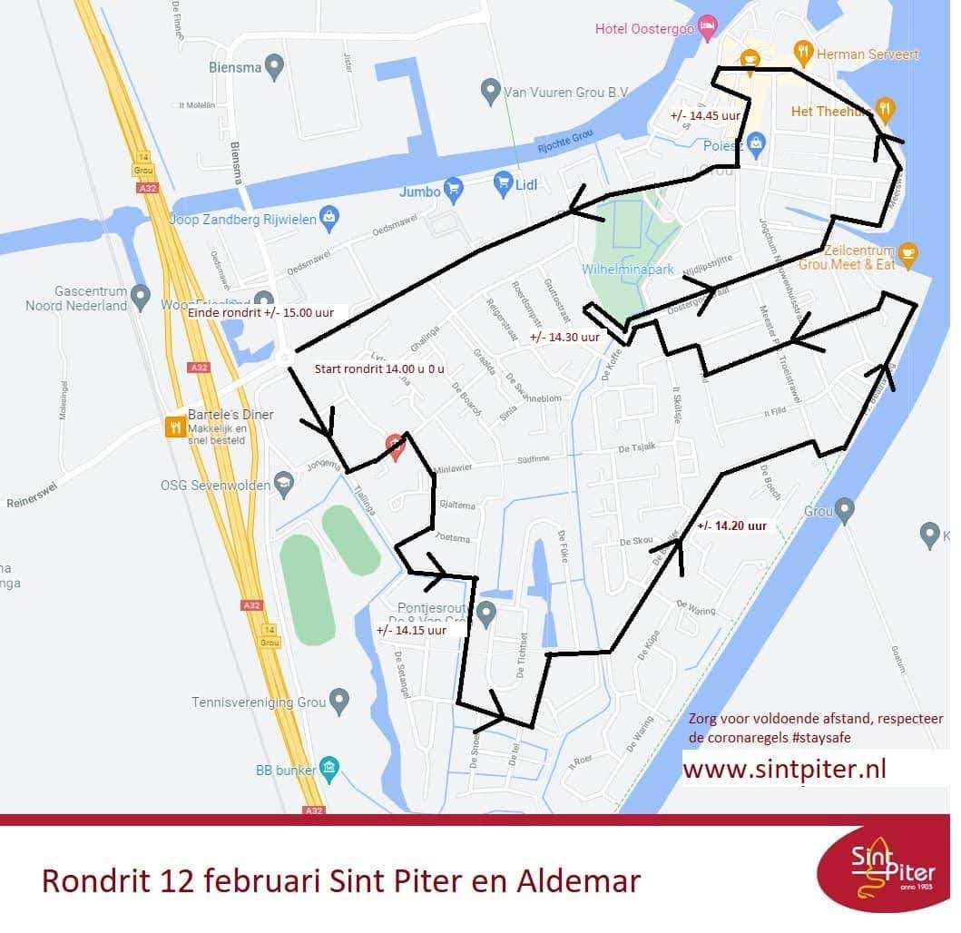 Routekaart Sint Piter aankomst 2022 Grou